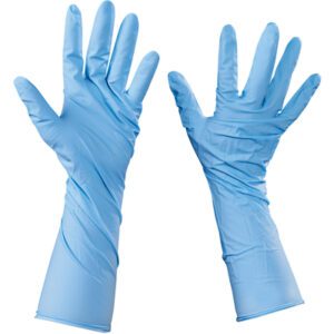Two MH-USA Nitrile Gloves with extended cuffs in small size, 50 per case, are showcased on a white background. One gloves fingers point upward while the other’s are slightly bent, highlighting their smooth texture. Ideal for medical or cleaning tasks.