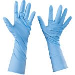 Two MH-USA Nitrile Gloves - Xlarge (50/Case) are displayed on a white background with fingers spread open. Despite their extended cuffs for extra protection, both gloves appear wrist-length.