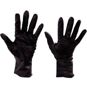 Two MH-USA black nitrile gloves (Large, 100/case) with beaded cuffs face upward on a plain white background. The right glove shows the palm, and the left displays the back, both featuring a wrinkled texture.