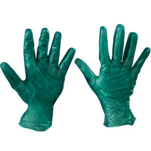 Two MH-USA Vinyl Gloves - Green - 6.5 Mil are shown against a white background; one gloves palm is up, the others down, highlighting their texture and shape. These XL powdered gloves come in a set of 100 per case.
