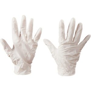 Two white MH-USA Latex Industrial Gloves - Small (100/Case) are shown on a plain background, with the left glove displaying the palm and the right showing the back, both appearing slightly wrinkled.