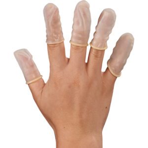 A hand wearing MH-USA Latex Finger Cots, powder-free and small, adorns each finger. These translucent protective coverings are packaged 720 per case and are posed elegantly against a plain white background.