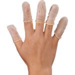A hand, with light skin tone, is shown wearing transparent MH-USA Latex Finger Cots Powder-Free - Xlarge against a plain white background, emphasizing the cots protective barrier.