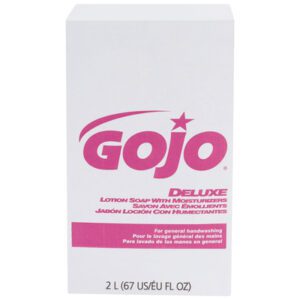 The image shows a 2,000 mL white box of GOJO Deluxe Lotion Soap with Moisturizers Refill, designed for general handwashing and labeled in English, French, and Spanish. It is sold in a case containing four boxes.