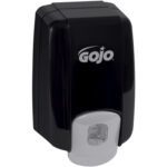 The GOJO® NXT® Maximum Capacity™ Dispenser - 2,000 mL (1 Pack) is a sleek black wall-mounted soap dispenser with Gojo labeling and a gray push button at the bottom for easy use.