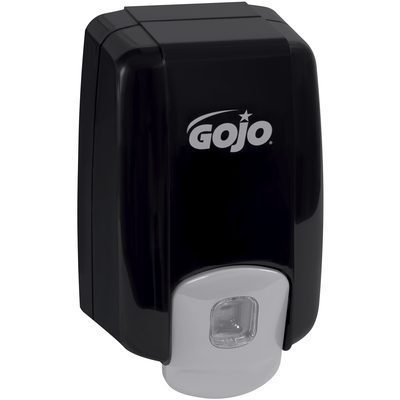 GOJO22351PK.jpg The GOJO® NXT® Maximum Capacity™ Dispenser - 2,000 mL (1 Pack) is a sleek black wall-mounted soap dispenser with Gojo labeling and a gray push button at the bottom for easy use.