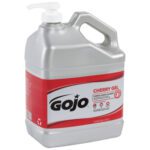 A 1-gallon GOJO® Cherry Pumice Hand Cleaner with pump, featuring a red label with white and black text and a hand symbol for strong cleaning. Ideal for cleanliness, available as One Gallon (2/Case).