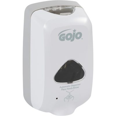 GOJO2740.jpg The GOJO® Auto Foaming Soap Dispenser boasts a sleek design with a white body, clear top, and dark window. Instructions at the base guide hand placement for easy dispensing, promoting hygienic use.