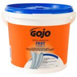 The large Gojo® Fast Wipes® (1 Pack) container, with its distinct orange label and blue lid, showcases the brand name above a towel image. Equipped with side handles, its designed for easy portability.