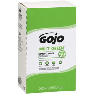 GOJO® Multi-Green® Hand Cleaner Refill Box - 2000 mL (4/Case), with sleek white and green packaging, effectively removes oil, grease, paint, and tar. Designed for dispenser use.