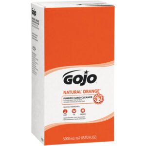 The GOJO® Natural* Orange™ Pumice Hand Cleaner Refill Box offers effective removal of dirt, grease, paint, and adhesives in a generous 5,000 mL size. The white and orange packaging highlights its strength in tackling tough grime. Selling as 2 per case.