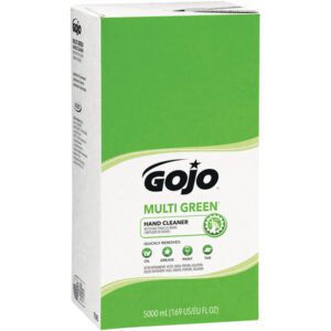 The GOJO® Multi-Green® Hand Cleaner Refill Box - 5,000 mL (2/Case) showcases stylish white and green packaging, highlighting its effectiveness against tough oil, grease, paint, and tar.