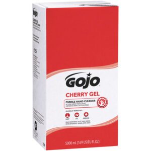 The GOJO® Cherry Gel Pumice Hand Cleaner (5,000 mL, 2/Case) in white and red packaging efficiently removes dirt, oil, grease, paint, and tar. Ideal for tough cleaning tasks.