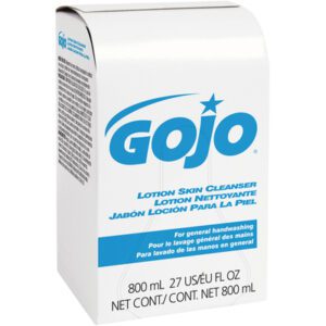 The GOJO® Lotion Skin Cleanser Soap Refill Box is designed for handwashing, features a white box with blue text in English, French, and Spanish, holds 800 mL (27 US/EU FL OZ), and comes in cases of 12.