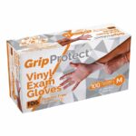 Box of GripProtect vinyl exam gloves. The packaging is orange and white, featuring images of hands wearing gloves. The box contains 100 medium, powder-free gloves, and emphasizes its for single use only. FDA registered information is present.
