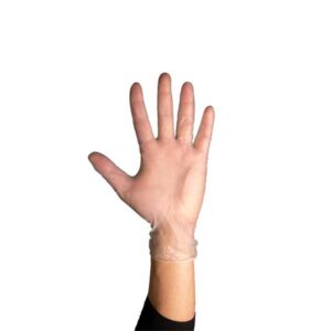 A hand wearing a transparent disposable glove is raised against a plain white background. The glove partially covers the wrist, and the hand is open with fingers spread.