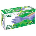 Box of GripProtect Precise Nitrile Powder-Free Exam Gloves, size medium, containing 100 gloves. The box is green with an image of a hand wearing a purple glove.
