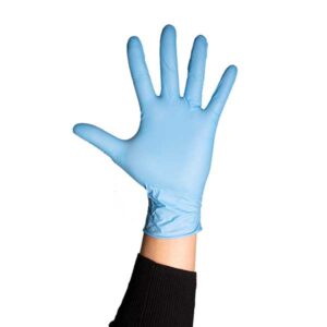 A person wearing a black sleeve displays an open hand wearing a blue disposable glove against a white background.