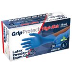 Image of a box labeled Grip Protect High Risk Latex Powder-Free Exam Gloves, size L, with 50 gloves per box. The gloves are blue, 14 mil thick, and feature a biodegradable logo. The box design includes an image of a gloved hand.