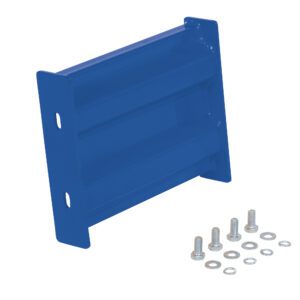 The Vestil Bolt-On Style Guard Rail 1 Ft Blue is a rectangular metal bracket with two mounting holes and a glossy finish. It includes six neatly arranged metal bolts and washers, making it an essential part of the mounting kit.