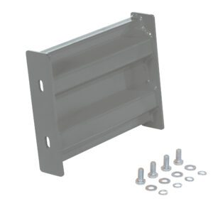 The gray metal bracket with a semi-gloss finish looks like the Vestil Bolt-On Style Guard Rail 1 Ft Gray Semi Gloss and has two horizontal slots with mounting holes on each side, plus neatly arranged screws, nuts, and washers on a plain white background.