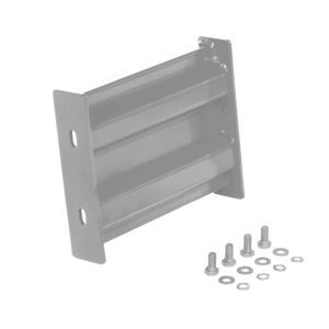 The Vestil Bolt-On Style Guard Rail 1 Ft Silver features a silver gray metal bracket with three horizontal slats and two vertical side panels. It includes small screws, bolts, and washers for mounting or support tasks.