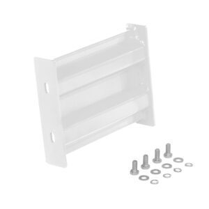 The Vestil Bolt-On Style Guard Rail 1 Ft White includes a robust metal mounting bracket with slotted holes and comes with screws, nuts, and washers for secure installation.