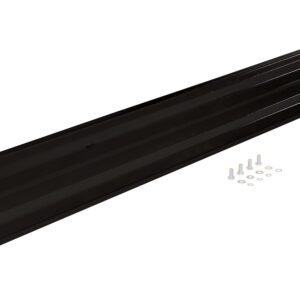 The Vestil Bolt-On Style Guard Rail 10 Ft Black has a long, rectangular shape with mounting holes at each end and includes screws and washers.