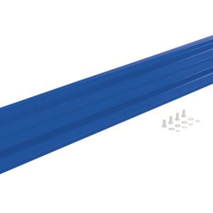 A long blue metal bracket, similar to a Vestil Bolt-On Style Guard Rail 10 Ft Blue, with mounting holes at each end, is positioned diagonally with screws and washers on a white background.