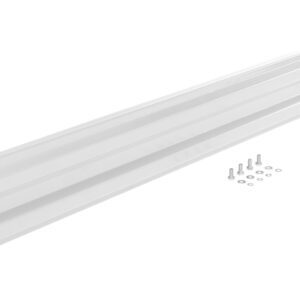A white metal strip with two parallel grooves, screws, and washers lies against a plain background. Perfect for assembly or installation, it resembles the robust design of the Vestil Bolt-On Style Guard Rail 10 Ft White.