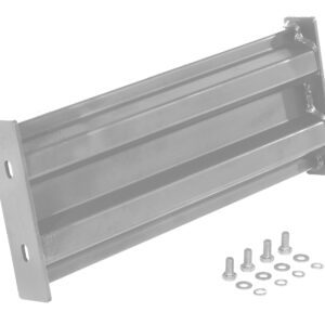 A metal mounting bracket with two elongated slots lies on a surface, alongside neatly arranged bolts, washers, and nuts, echoing the sturdy design of the Vestil Bolt-On Style Guard Rail 2 Ft Silver.