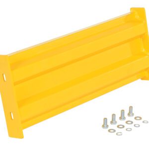 The Vestil Bolt-On Style Guard Rail 2 Ft Yellow includes a sturdy flanged metal bracket with three horizontal ridges and comes with four bolts, nuts, and washers, designed for secure mounting against a plain white background.