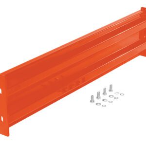 The Vestil Bolt-On Style Guard Rail 4 Ft Orange features an orange metal beam with mounting holes and comes with six silver bolts and washers.