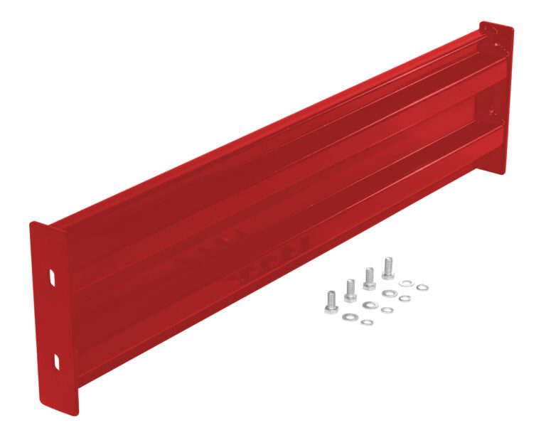 The Vestil Bolt-On Style Guard Rail 4 Ft Red bracket has a rectangular design with two holes on each side and includes bolts and washers for secure mounting.