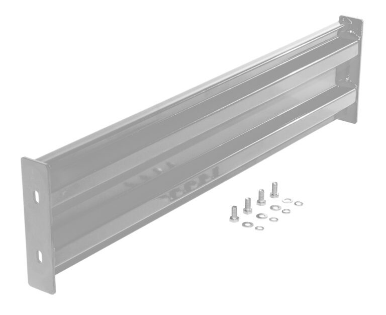 The Vestil Bolt-On Style Guard Rail 4 Ft Silver includes a metal wall-mount bracket with dual holes on each end, a central groove, five bolts, and washers, all showcased against a white background.
