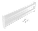 A rectangular metal mounting bracket with two screw holes on each end complements the Vestil Bolt-On Style Guard Rail 4 Ft White. Below it, four screws and washers are neatly in a row, all isolated on a white background.
