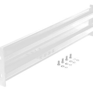 A rectangular metal mounting bracket with two screw holes on each end complements the Vestil Bolt-On Style Guard Rail 4 Ft White. Below it, four screws and washers are neatly in a row, all isolated on a white background.
