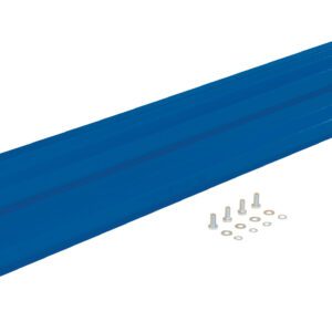 An upright blue steel bracket with three grooves, similar to the Vestil Bolt-On Style Guard Rail 5 Ft Blue, is displayed against a white background with six screws and washers beside it.