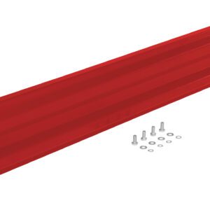 The Vestil Bolt-On Style Guard Rail, a red metal bracket, is shown with screws and washers. It has holes at both ends for easy mounting.