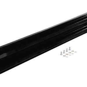 The sleek black metal bracket, similar to the Vestil Bolt-On Style Guard Rail 6 Ft Black, is rectangular with two mounting holes at each end. It includes six screws and washers, all neatly set on a white background.