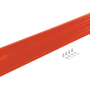 An orange shelf bracket similar to the Vestil Bolt-On Style Guard Rail 6 Ft Orange features a long rectangle with mounting holes at both ends, while screws and washers are neatly set beneath on a white background.