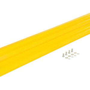 A long, yellow metal beam with a rectangular profile is diagonally positioned against a white background, alongside bolts and washers, suggesting the assembly of the Vestil Bolt-On Style Guard Rail 6 Ft Yellow for robust protection.