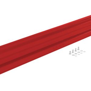 The Vestil Bolt-On Style Guard Rail 8 Ft Red, with a vibrant red finish and horizontal design, echoes the durability of a metal shelf bracket. Featuring multiple grooves, it includes bolts and washers for easy mounting and is elegantly set against a pristine white background.