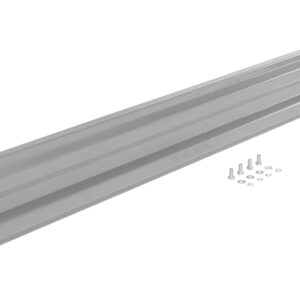 A gray metal bracket bar, similar to the Vestil Bolt-On Style Guard Rail 8 Ft Silver, features flanged ends and includes screws, washers, and nuts for assembly. Set against a white background, its perfect for mounting or structural support tasks.