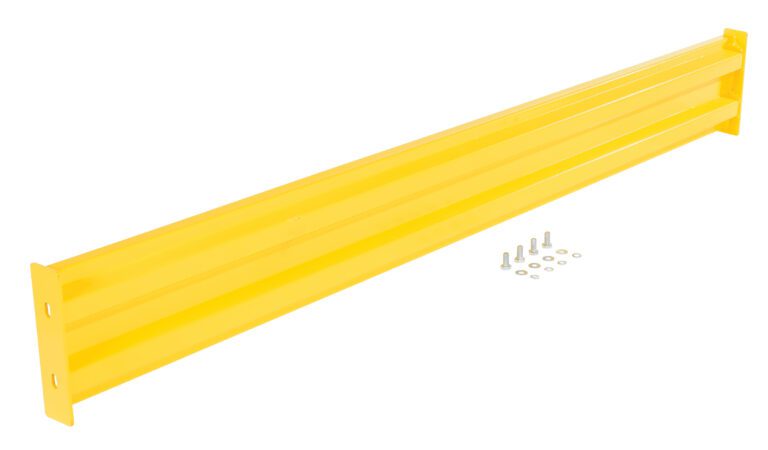 The Vestil Bolt-On Style Guard Rail 8 Ft Yellow is shown horizontally, showcasing its sturdy design, with multiple screws, washers, and nuts neatly placed to the right.