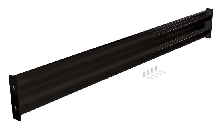 A black metal bracket, similar to the Vestil Bolt-On Style Guard Rail 9 Ft Black, has two end plates with screw holes. Next to it, screws and washers are neatly arranged on a white background.