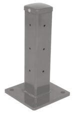 The Vestil Rigid Tube Post, 18-inch bolt-on style, boasts a semi-gloss gray finish and a flat square base with multiple holes, ensuring stability against the white background.
