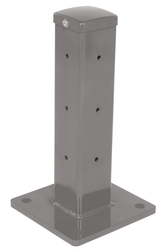 The Vestil Rigid Tube Post, 18-inch bolt-on style, boasts a semi-gloss gray finish and a flat square base with multiple holes, ensuring stability against the white background.