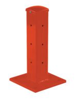 The Vestil Rigid Tube Post 18 In Bolt-On Style Orange is an 18-inch orange bollard with a flat top and multiple holes, mounted on a square base with rounded corners, ensuring stability and durability in industrial environments.