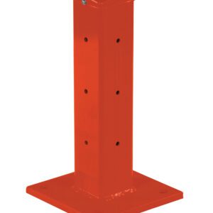 The Vestil Rigid Tube Post 18 In Bolt-On Style Orange is an 18-inch orange bollard with a flat top and multiple holes, mounted on a square base with rounded corners, ensuring stability and durability in industrial environments.